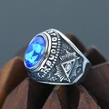 Macro shot of silver Masonic ring with blue gemstone and Orion All-Seeing Eye engraving - Size 7 / ORION All-Seeing Eye Relief Style (Steel Style 15) / Silver (Blue Stone)