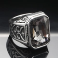 Macro shot of men's titanium steel ring with large rectangular gray gemstone inlay - Size 7 / Vintage Silver Mineral Black Gemstone