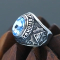Detailed relief of Illuminati Eye of Providence on silver steel ring with blue gem - Size 7 / Eye of God Light Blue Rhinestone Style (Steel Style 19) / Steel