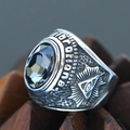 Macro shot of punk Freemason ring with black gemstone and Illuminati eye carvings - Size 7 / All-Seeing Eye Black Faceted Rhinestone Style (Steel Style 20) / Steel