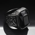 Macro detail of men's vintage black stainless steel ring with rectangular gemstone - Size 7 / Black Base Black Gemstone