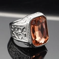 Anello vintage da uomo in acciaio al titanio con grande pietra arancione e incisioni - Taglia 7 / Argento Acciaio Gemma Champagne