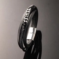 Bracciale multistrato da uomo in pelle nera intrecciata con ciondoli e chiusura magnetica - Colore Acciaio (21cm)