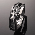 Bracciale multistrato in pelle nera da uomo con croce Ankh d'argento e chiusura - Colore Acciaio (21cm)