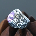 Detailed macro shot of vintage punk signet ring with large oval lavender gemstone and relief - Size 7 / Vintage Light Purple Rhinestone Relief Style (Steel Style 12) / Steel