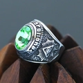 Macro shot of the Masonic All-Seeing Eye relief and green gemstone on vintage steel ring - Size 7 / All-Seeing Eye Distressed Relief Style (Steel Style 16) / Distressed Silver (Green Gemstone)