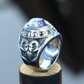 Macro shot of punk titanium ring with purple gemstone and gothic sheep head carving - Size 7 / Purple Rhinestone Ram Head Style (Steel Style 6) / Steel