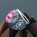 Macro detail of silver punk ring with large pink gemstone and masonic carvings - Size 7 / BUONI All-Seeing Eye Relief Style (Steel Style 14) / Silver (Pink Gemstone)