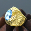 Macro detail showing an oval blue gemstone on a gold-plated Masonic brotherhood ring - Size 7 / Freemasonry All-Seeing Eye Style (Gold Style 25) / Gold (Blue Stone)