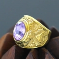 Macro view of gold punk ring with purple gemstone and Masonic All-Seeing Eye carving - Size 7 / All-Seeing Eye Relief Style (Gold Style 22) / Gold (Purple Stones)