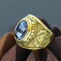 Macro shot of gold Masonic ring featuring a grey faceted gemstone and All-Seeing Eye emblem - Size 7 / All-Seeing Eye Relief Style (Gold Style 21) / Gold (Dark Grey Gemstone)
