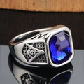 Men's silver steel signet ring with rectangular blue sapphire and Freemasonry side detail - Size 7 / Steel Color Blue Gemstone