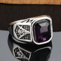 Men's titanium steel square purple gemstone ring with Freemasonry emblem detailing - Silver Purple Stone