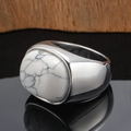 Anello con sigillo da uomo argento con grande pietra turchese bianca ovale lucida - US 7 / Acciaio Turchese Bianco
