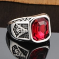 Men's silver steel Freemason ring with rectangular red ruby and engraved emblem - Size 7 / Steel Color Red Gemstone