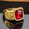 Men's gold-plated Masonic ring with large red octagonal gemstone and square symbol - Gold Red