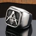 Edelstahl Freimaurer Ring für Herren mit quadratischem Gehäuse und schwarzem G-Symbol - US 7 / Stahlfarbe