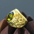 Macro detail of retro golden men's ring with oval green gemstone and ornate carvings - Size 7 / Olive Green Rhinestone 3D Relief Style (Gold Style 14) / Gold