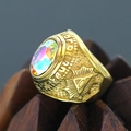 Macro detail of men's Masonic ring featuring iridescent gem and Illuminati relief - Size 7 / All-Seeing Eye Iridescent Rhinestone Style (Gold Style 12) / Gold