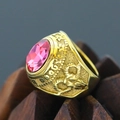 Detail shot of vintage gold-plated steel ring with a large oval pink gemstone - Size 7 / Vintage Pink Rhinestone Relief Style (Gold Style 8) / Gold