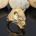 Detailed close-up showing the intricate golden wolf head carving and textured fur on the ring - US 7 / Gold