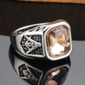 Men's silver steel signet ring with rectangular champagne stone and Masonic logo - Size 7 / Steel Color Champagne Gemstone