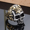 Vintage stainless steel skull ring with golden Freemasonry logo and textured finish - US 7 / Gold & Silver