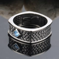 Vintage square men's ring in S925 silver with blue gemstone and woven texture - US 7 / Steel Color Blue Gemstone