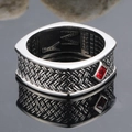 Vintage square men's ring in stainless steel with red gemstone and braided texture - US 7 / Steel Color Red Gemstone
