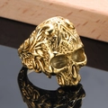 Vintage golden stainless steel skull ring featuring Freemason symbol and embossed leaves - US 7 / Gold