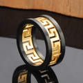 Men's titanium steel ring featuring black brushed finish and gold meander pattern - US 7 / Gold & Black