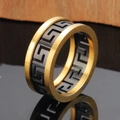Men's titanium steel ring with gold brushed finish and black Greek meander pattern - US 7 / Black & Gold