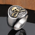 Punk style stainless steel men's ring with golden skull and crossbones emblem - US 7 / Gold & Silver