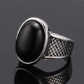 Anello punk retrò in acciaio inossidabile da uomo con pietra nera ovale e motivo a rete - US 7 / Steel Color Black Onyx