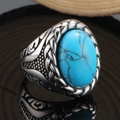 Vintage Herrenring Silber mit blauem Türkisstein und gewebter Textur am Band - US 7 / Stahl Blauer Türkis