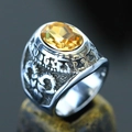 Vintage punk ring with oval yellow gemstone and intricate silver carved details - Size 7 / Yellow Rhinestone Blackened Relief Style (Steel Style 9) / Steel
