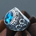 Retro punk titanium steel ring featuring a large oval blue gemstone and silver eagle detail - Size 7 / Blue Oval Main Stone Vintage Style (Steel Style 22) / Steel