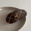 Pince à cheveux en peluche à carreaux marron avec un petit ours floqué mignon - Clip BB Ovale Plaid