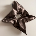 Macro detail of brown silky satin hair scrunchie with soft pleats and stitching - Solid Satin / Coffee Large Scrunchie