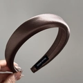 Detailed view of the dark brown padded satin headband with a handmade inner label - Solid Satin / Coffee Wide Headband
