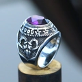 Retro punk men's ring with large purple gemstone and silver ram head engraving - Size 7 / Ram Head Totem Relief Style (Steel Style 26) / Silver (Purple Gemstone)