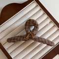 Macro detail of large brown plaid tweed hair claw clip with a small decorative bow - Coffee Flocked Bow Claw Clip