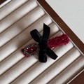 Elegant red tweed bow hair clip with black velvet and sparkling rhinestones for winter - Rhinestone Oval - Red Bobby Pin