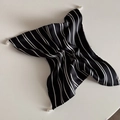 Detail view of French striped silk scarf scrunchie with elegant pearl pendants - Pearl Drop Style / Black Striped Square Tie