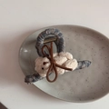 Close-up of cute plush bear and brown bow decoration on grey checkered hair claw clip - Gray Plaid - Claw Clip