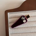 Detail of vintage velvet hair clip with a square gemstone and handmade metal tag - Square Rhinestone Velvet Red Triangle / Burgundy
