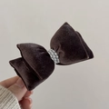 Detail of a dark brown velvet bow hair clip featuring elegant triple-row faux pearl accents - Artificial Pearl Bow Hair Clip / Brown
