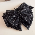 Detail of layered black chiffon hair claw clip with white polka dots and elegant bow design - Chiffon Polka Dot Bow (FJ8937)