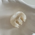Détail d'une petite pince à cheveux en acétate ivoire avec lettrage sur assiette céramique - Beige