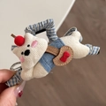 Detailed macro view of a cute plush bear hair claw with blue plaid fabric wrap - Funny White Puppy - Claw Clip (Single Sided)